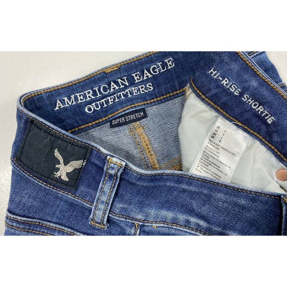 American Eagle Hi-Rise Shortie Sz 4 Denim Jean Shorts Holes Raw Hems - Picture 6 of 8
